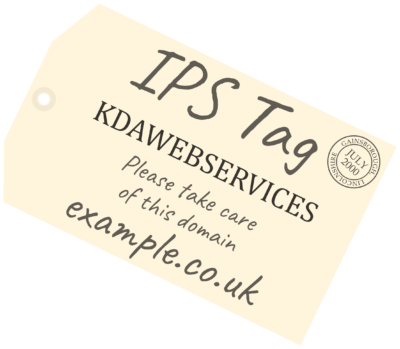 IPSTag Am old fashioned postal/luggage tag with "IPS Tag. KDAWEBSERVICES. Please take care of this domain: example.co.uk" and a postmark with GAINSBOROUGH, LINCOLNSHIRE surrounding the date July 2000.